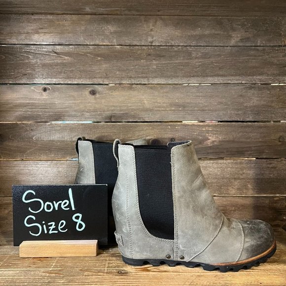 Womens Sorel Lea Wedge Olive Green Leather Chelsea Ankle‎ Boots Shoes Size 8 M - Picture 1 of 5